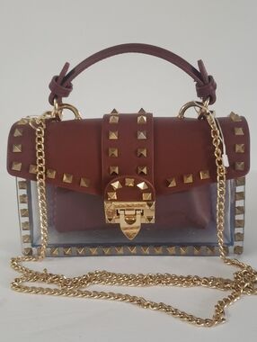 Most Wanted NWOT Cognac Brown/Clear Gold Studded Crossbody Handbag